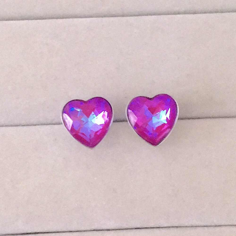 Hot Pink Aurora Borealis Crystal Heart Earrings - Picture 7 of 7